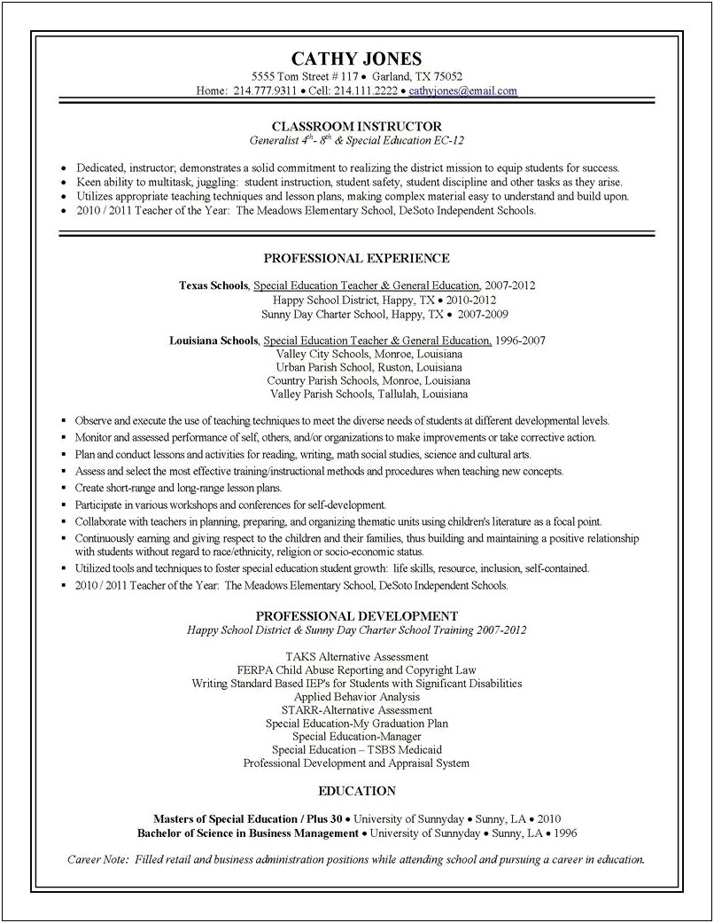Example Resume For Special Education Teacher