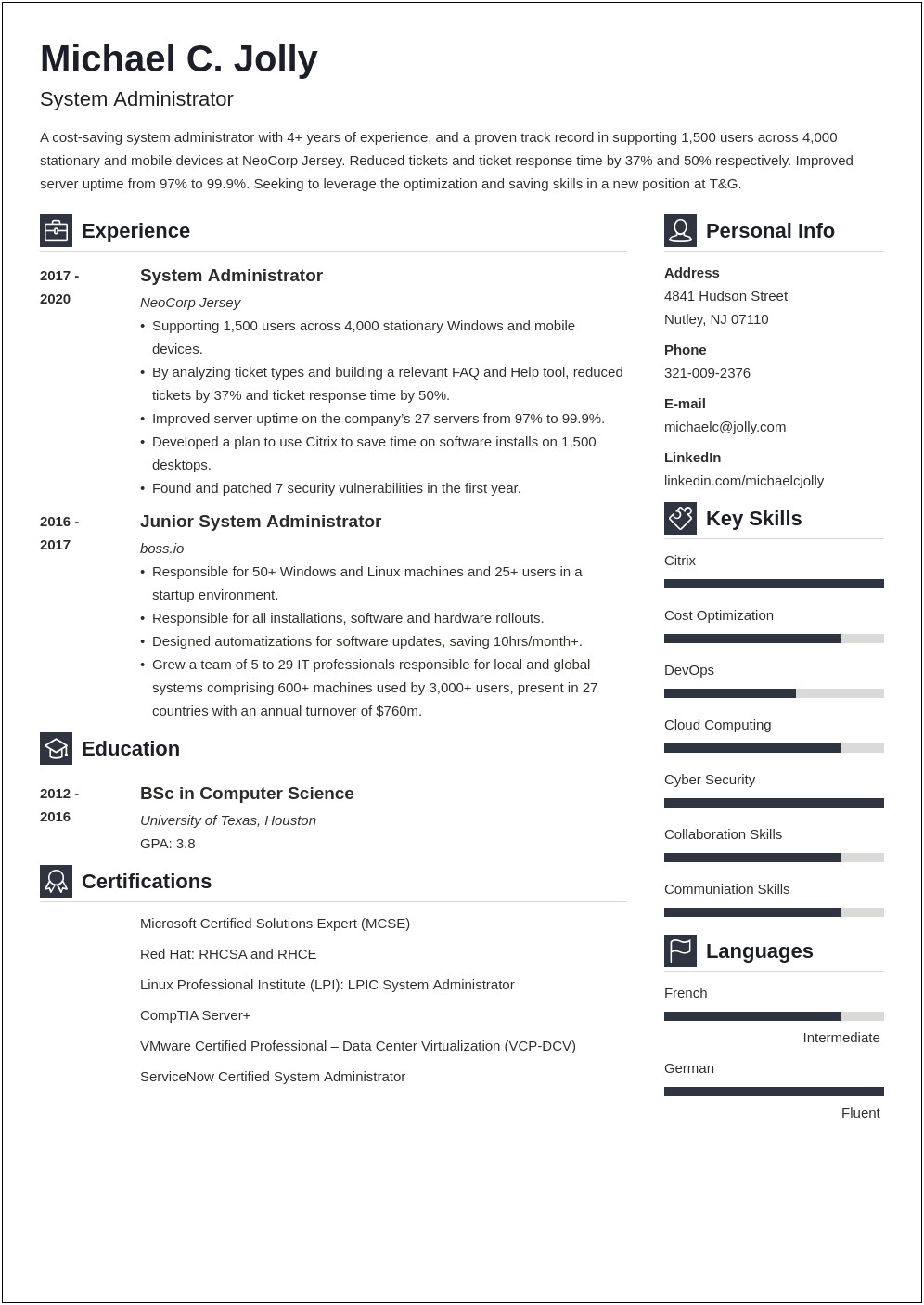 Example Resume For System Administrator 1