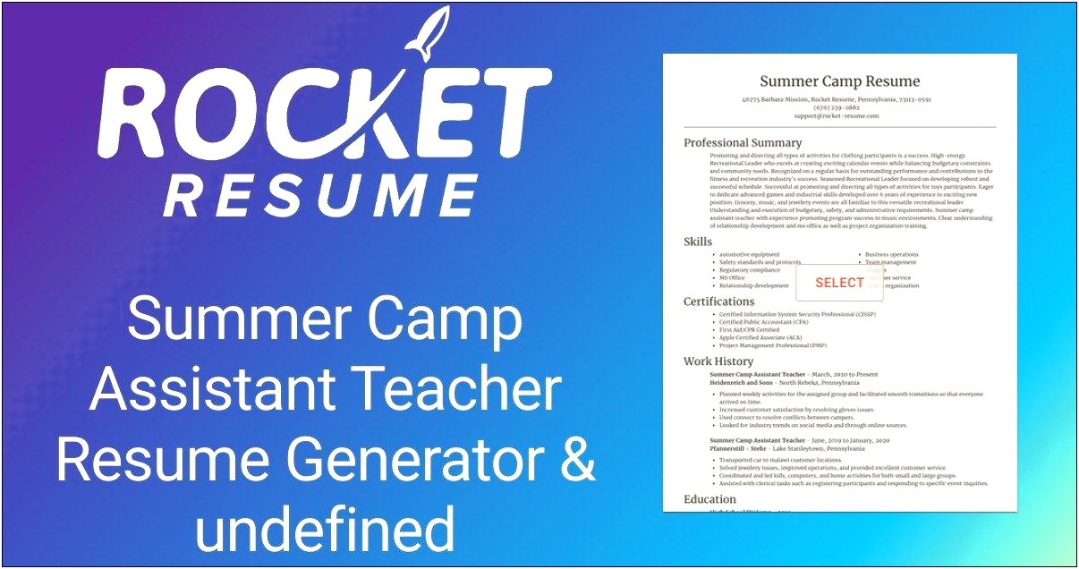 Example Resume From Summer Camp Teacher Assistant