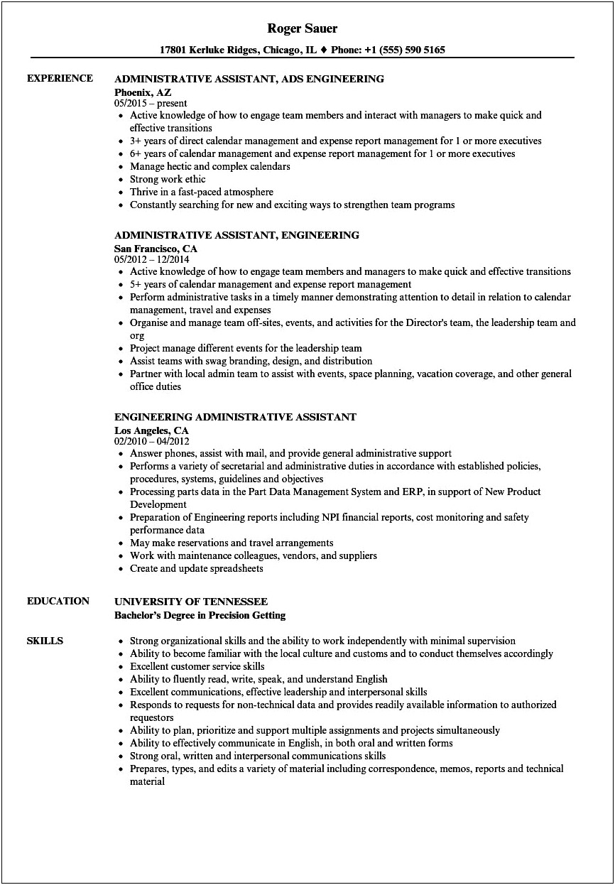 Example Resume In Administration Engineering