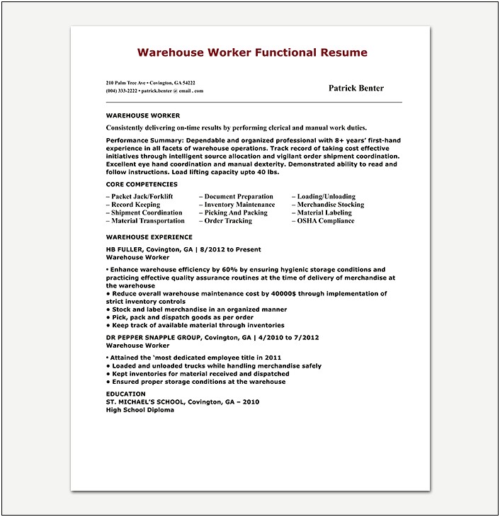 Example Resume Objectives For Warehouse Worker