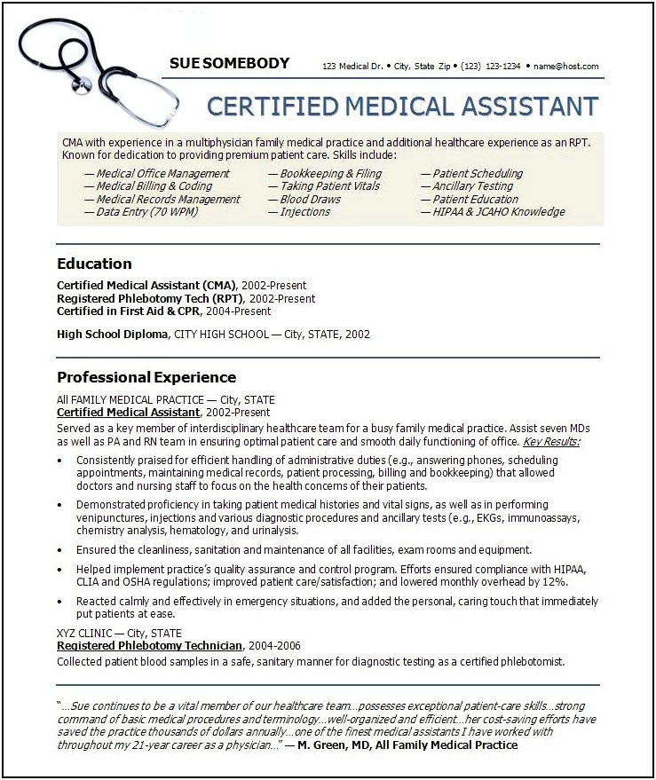 Example Resume Of A Medical Assistant
