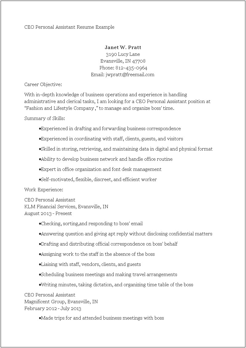 Example Resume Of Administrative Assistant To Ceo