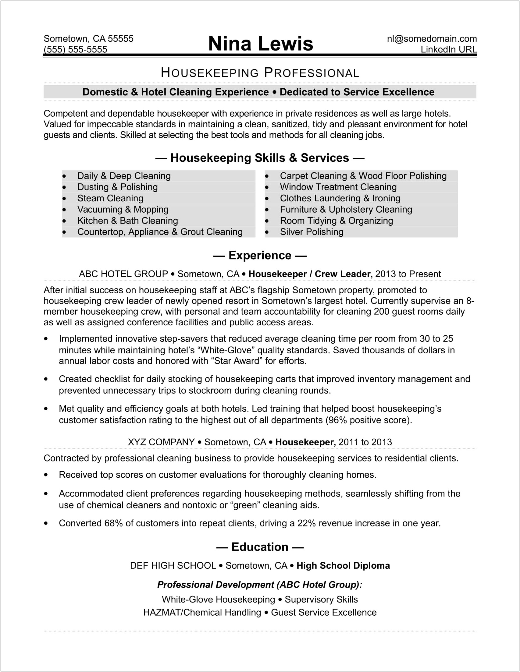Example Resume Of Housekeeping In Hotel