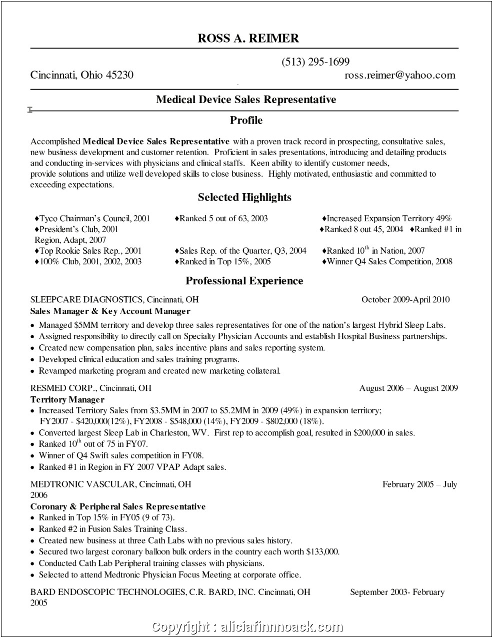 Example Resume Of Medical Equipment Sales