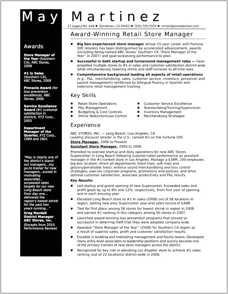 Example Resume Of Retail Assistant Store Manager