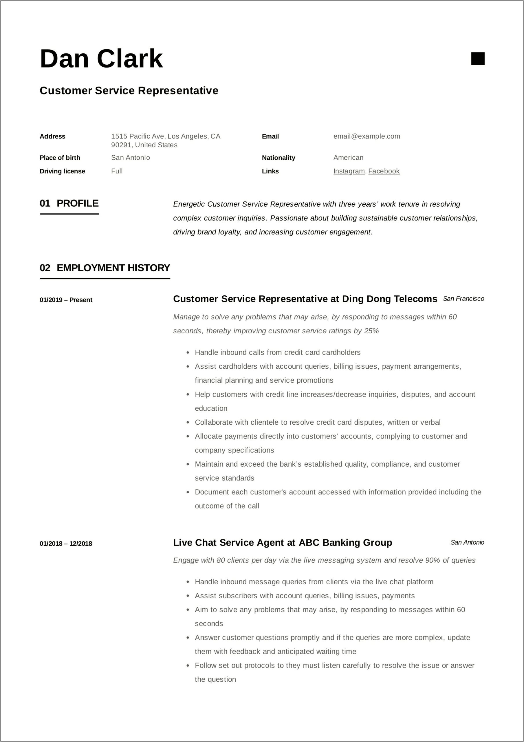 Example Resume Profiles For Customer Service