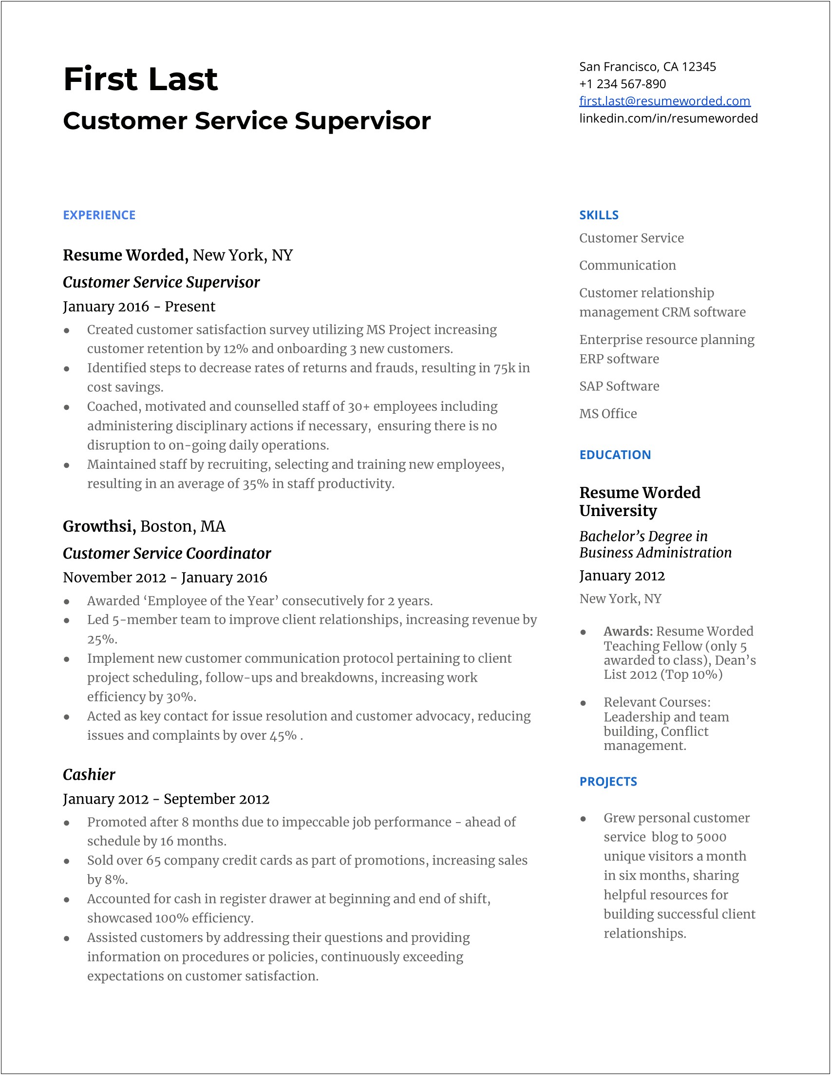 Example Resume With Supervisor Contact Info