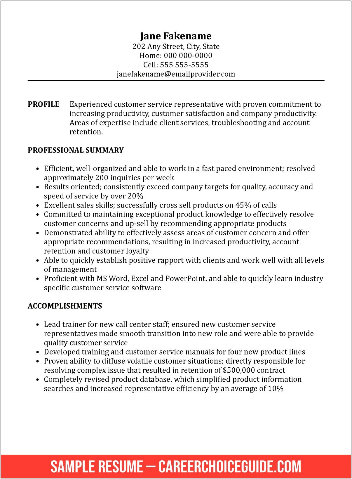 Example Summary On Resumes For Customer Service