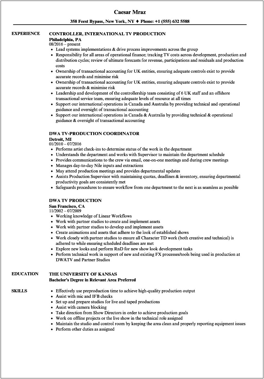 Examples Best Film And Tv Production Resume