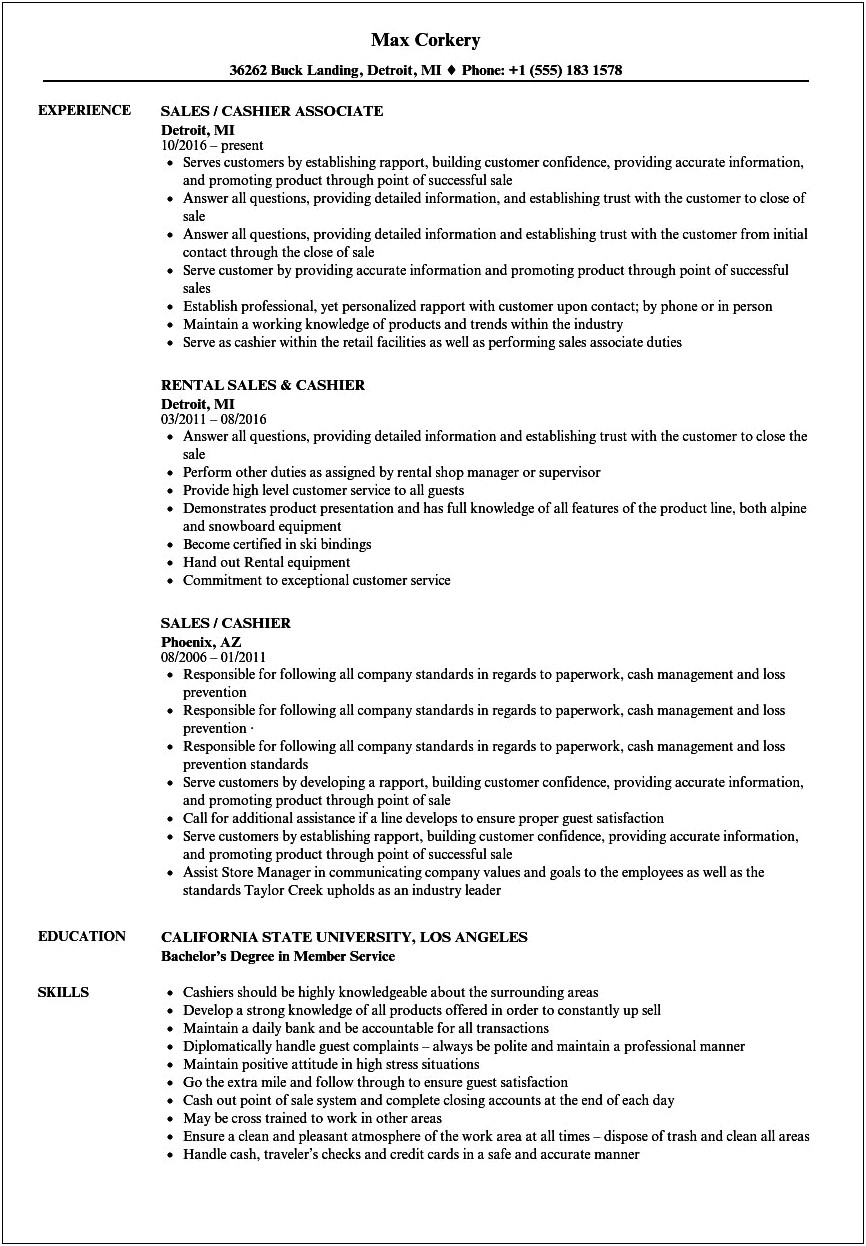 Examples De Summary In A Resume For Cashier