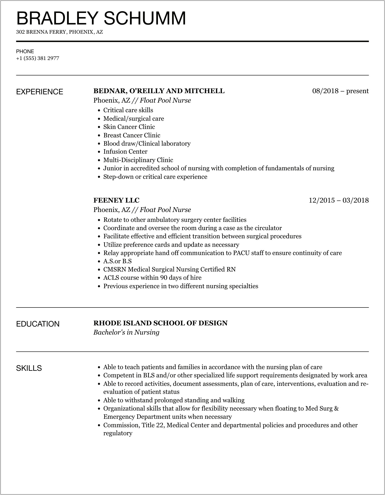 Examples For Resume For Float Team Ma Nursing