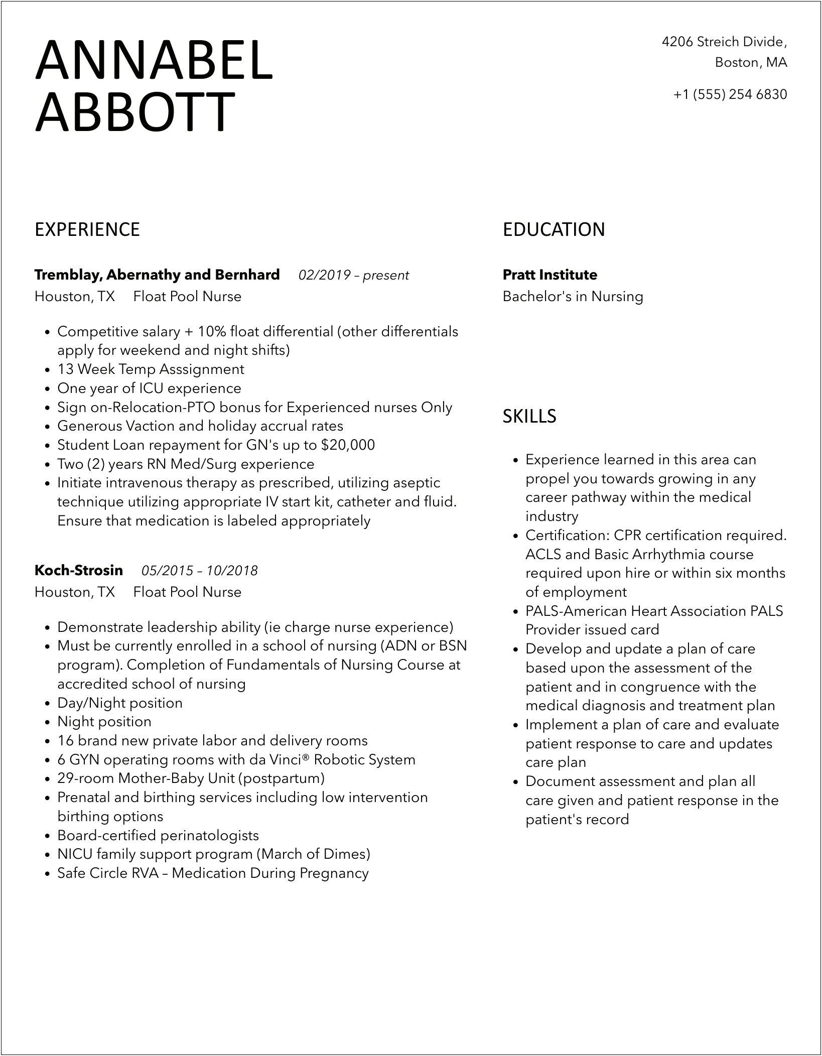 Examples For Resume For Float Team Nursing