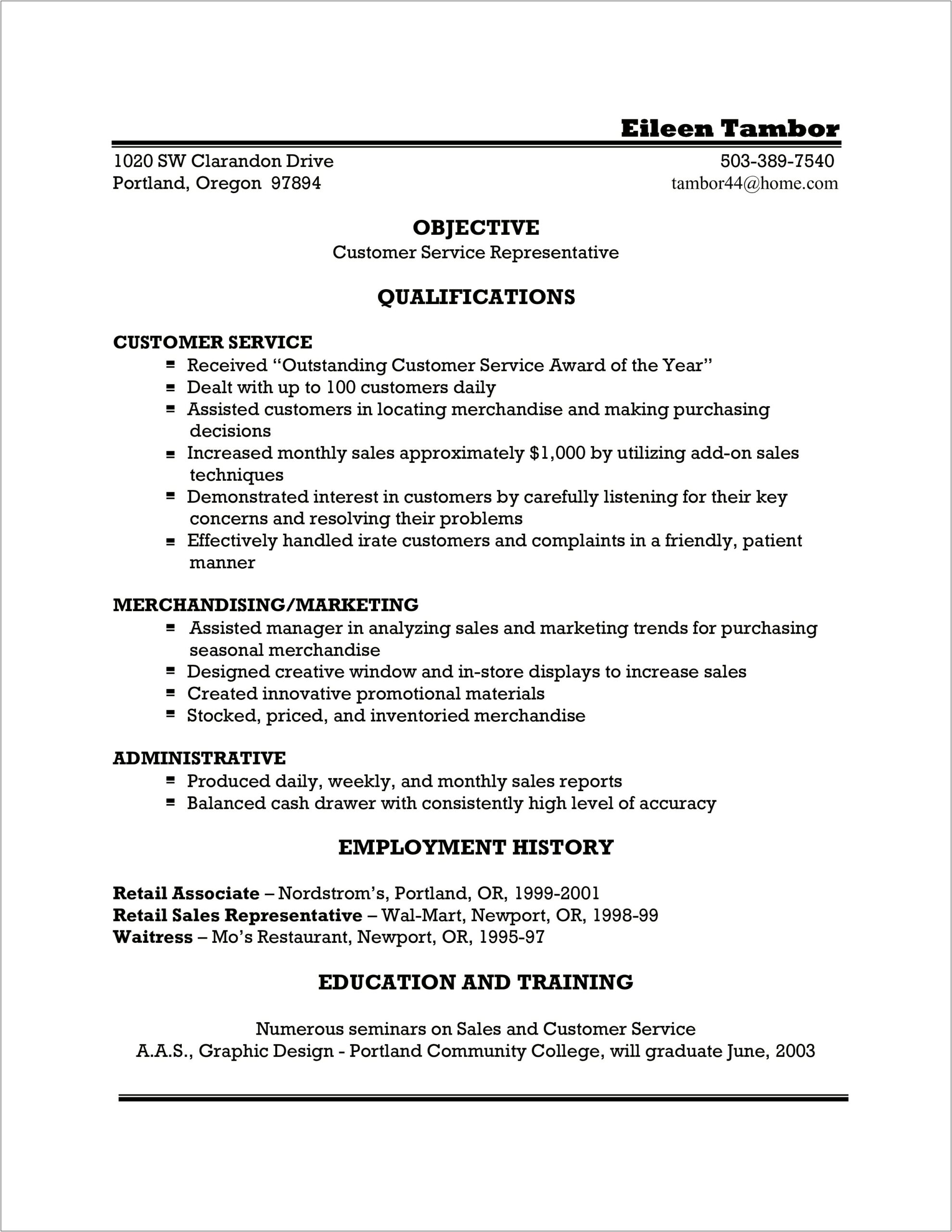 Examples For Resume Objectives In Customer Service