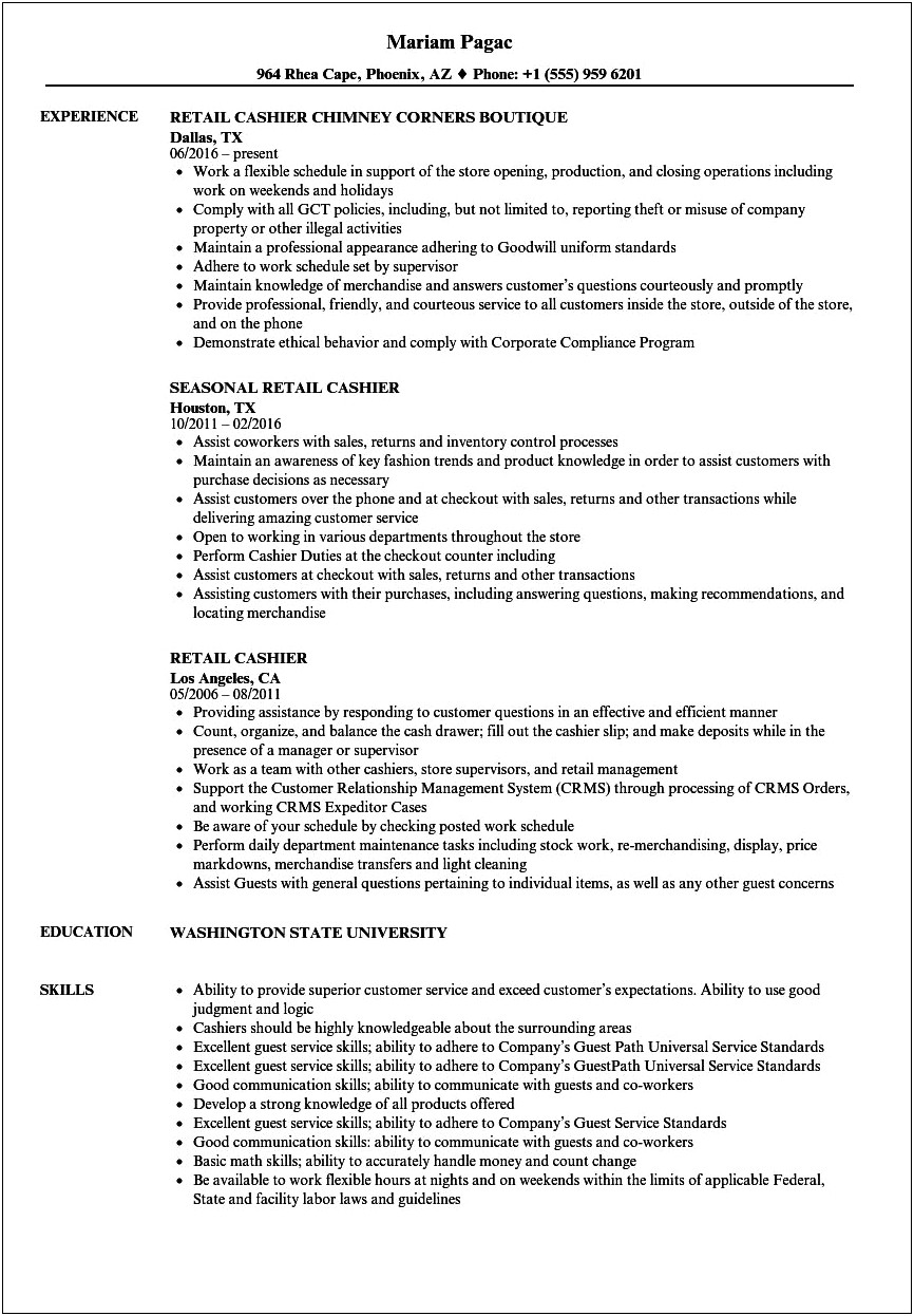 Examples Of A Cashier Customer Service Resume