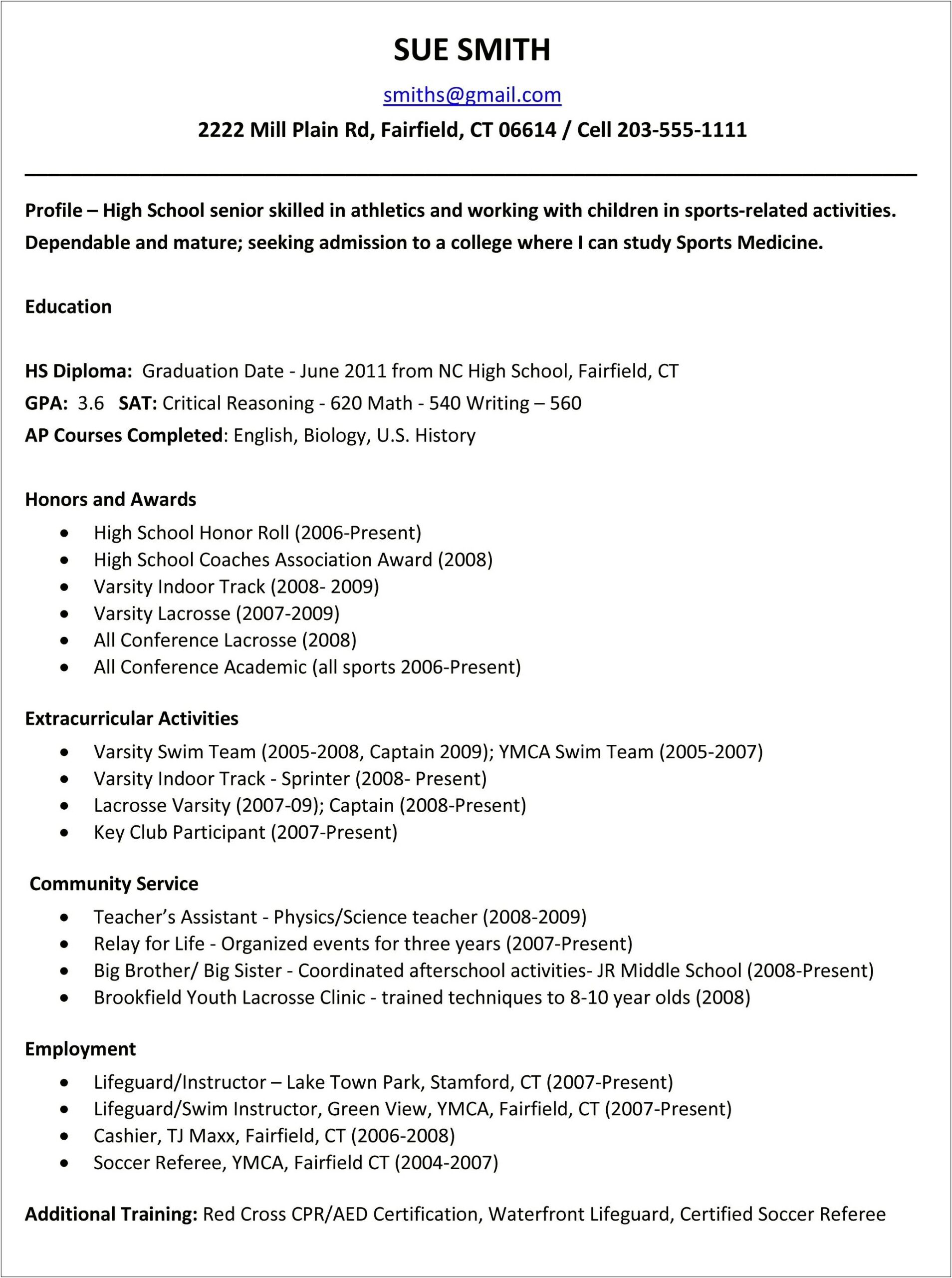 Examples Of A College Resume For Highschool Students