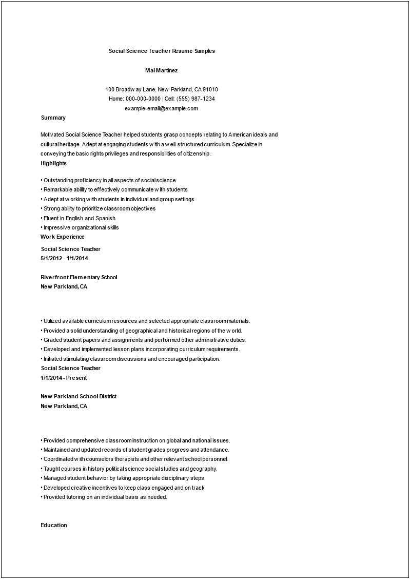 Examples Of A Resume As School Personnel