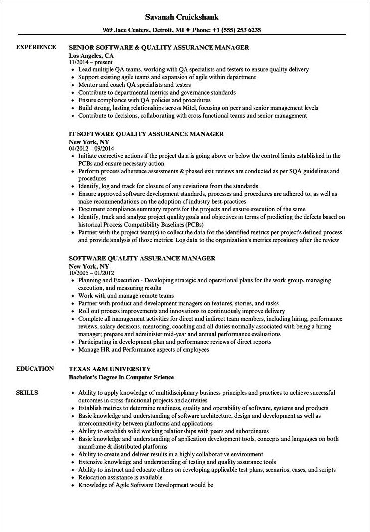 Examples Of A Resume For A Quality Manager