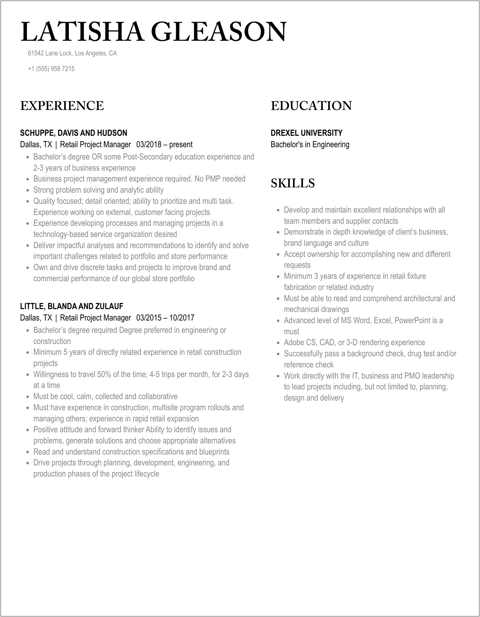 Examples Of A Retail Project Manager Resume