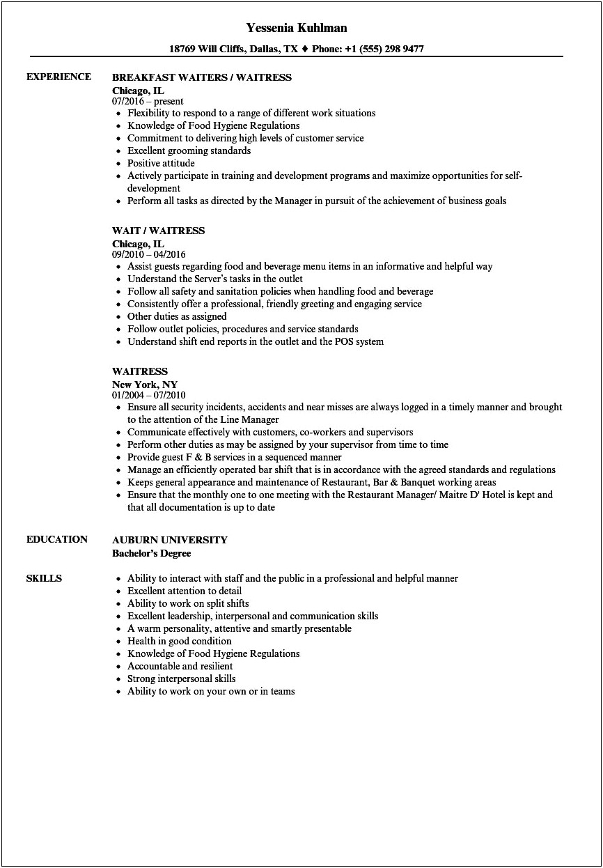 Examples Of A Waitress Summery For A Resume