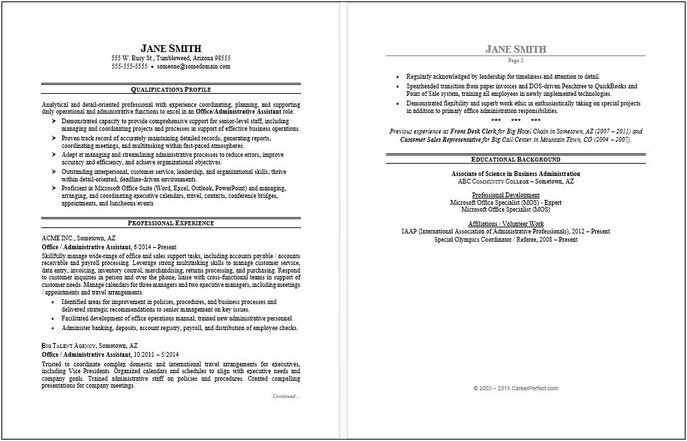 Examples Of Administrative Assistant Career Summary Resume