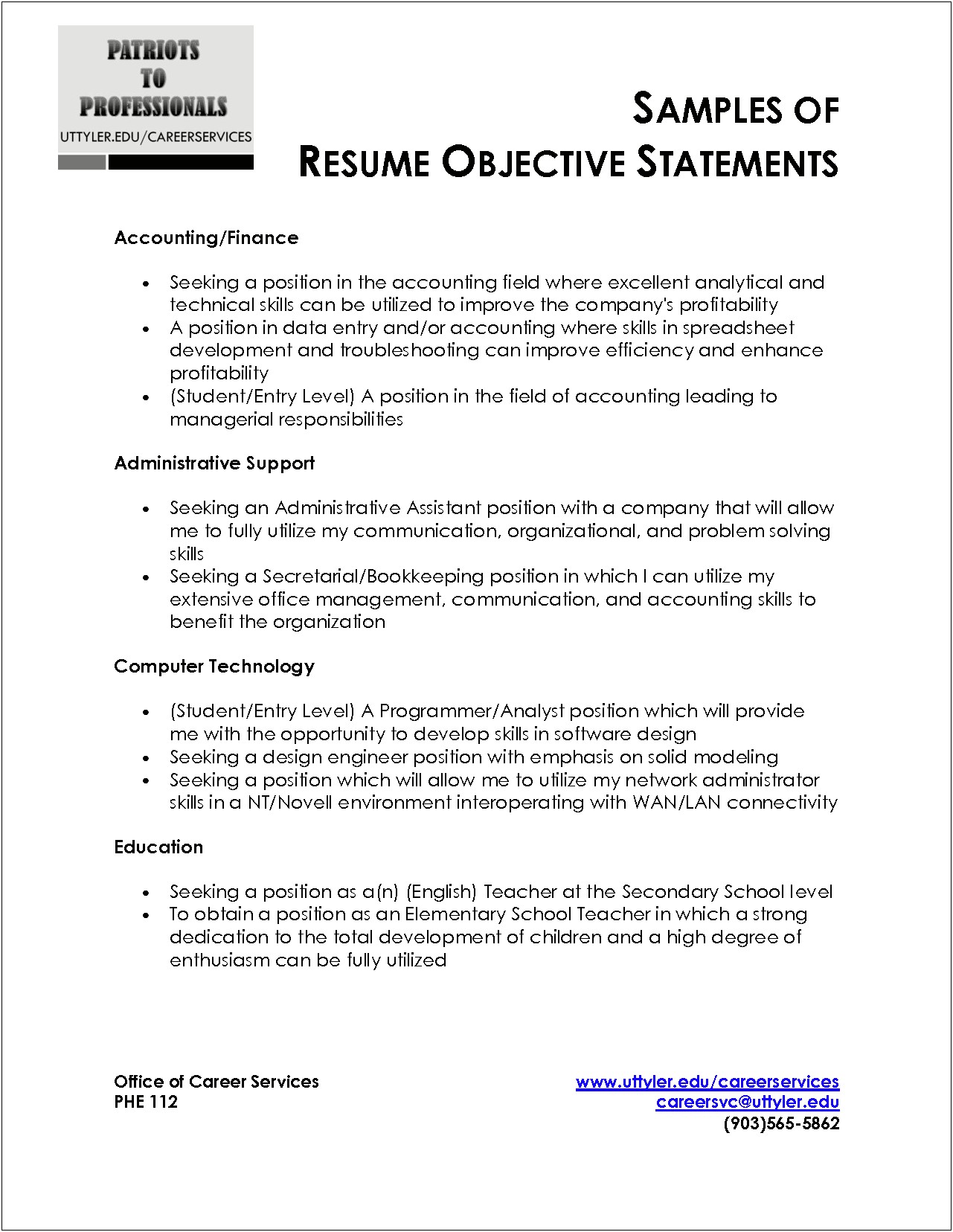 Examples Of Career Objectives On Resumes For Accountants