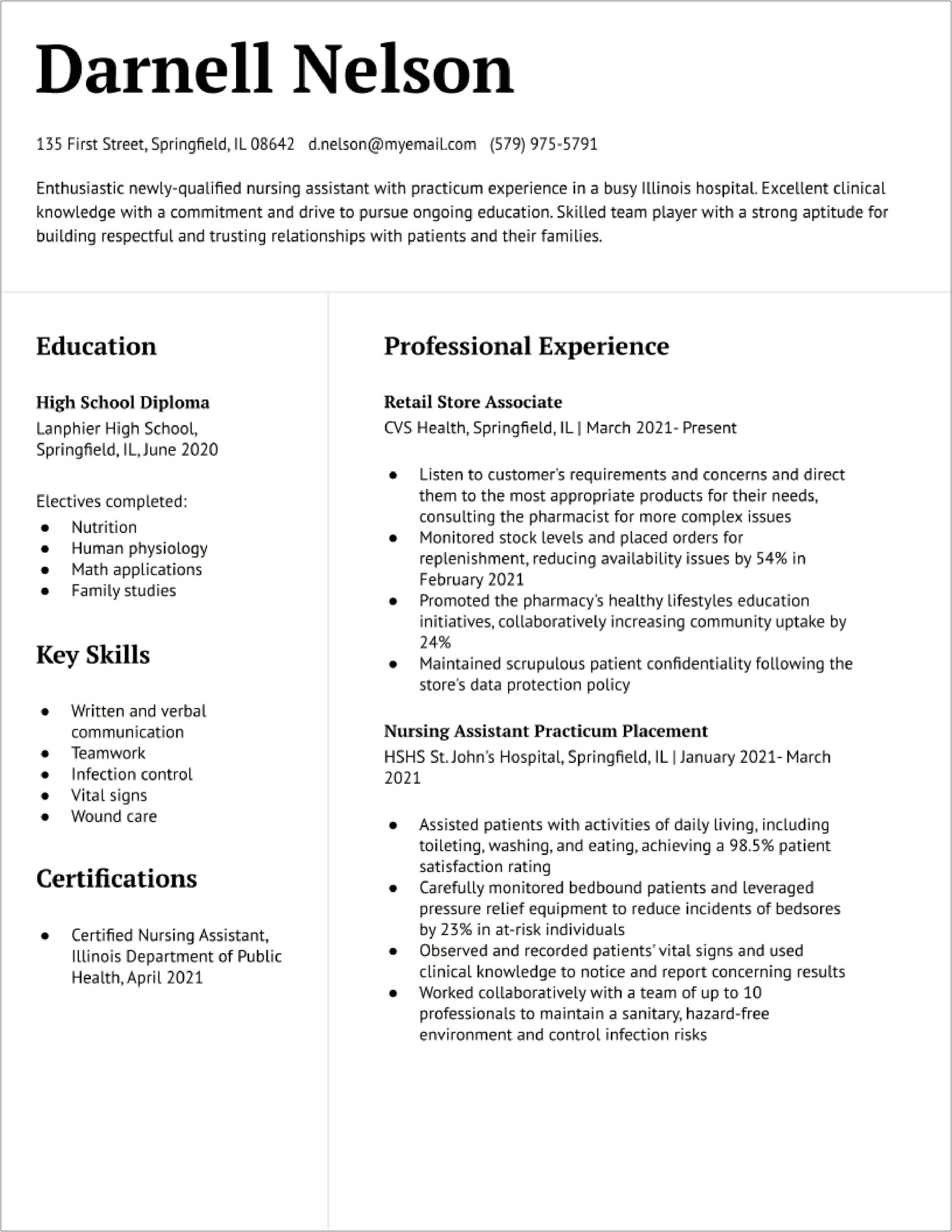 Examples Of Certified Nursing Assistant Resume