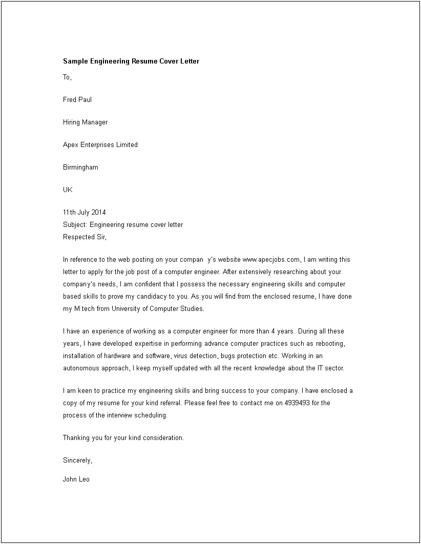 Examples Of Cover Letters For Engineering Resumes