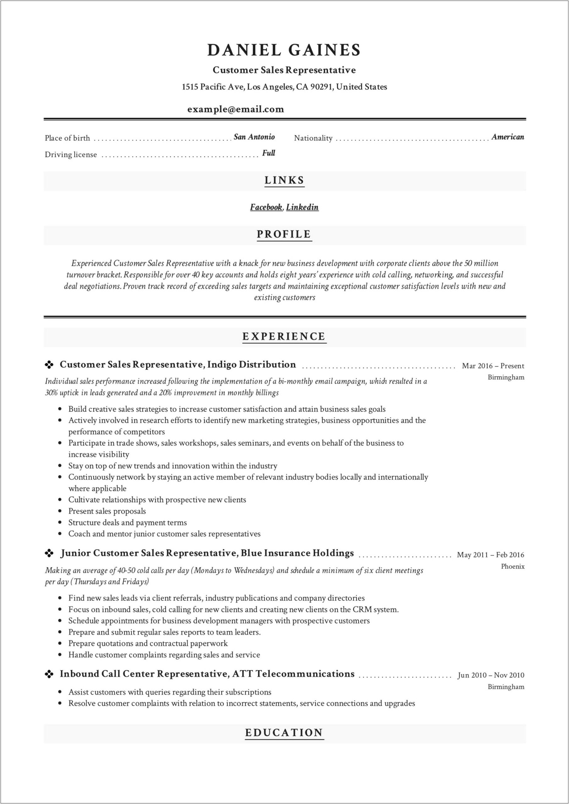 Examples Of Customer Service And Sales Resumes