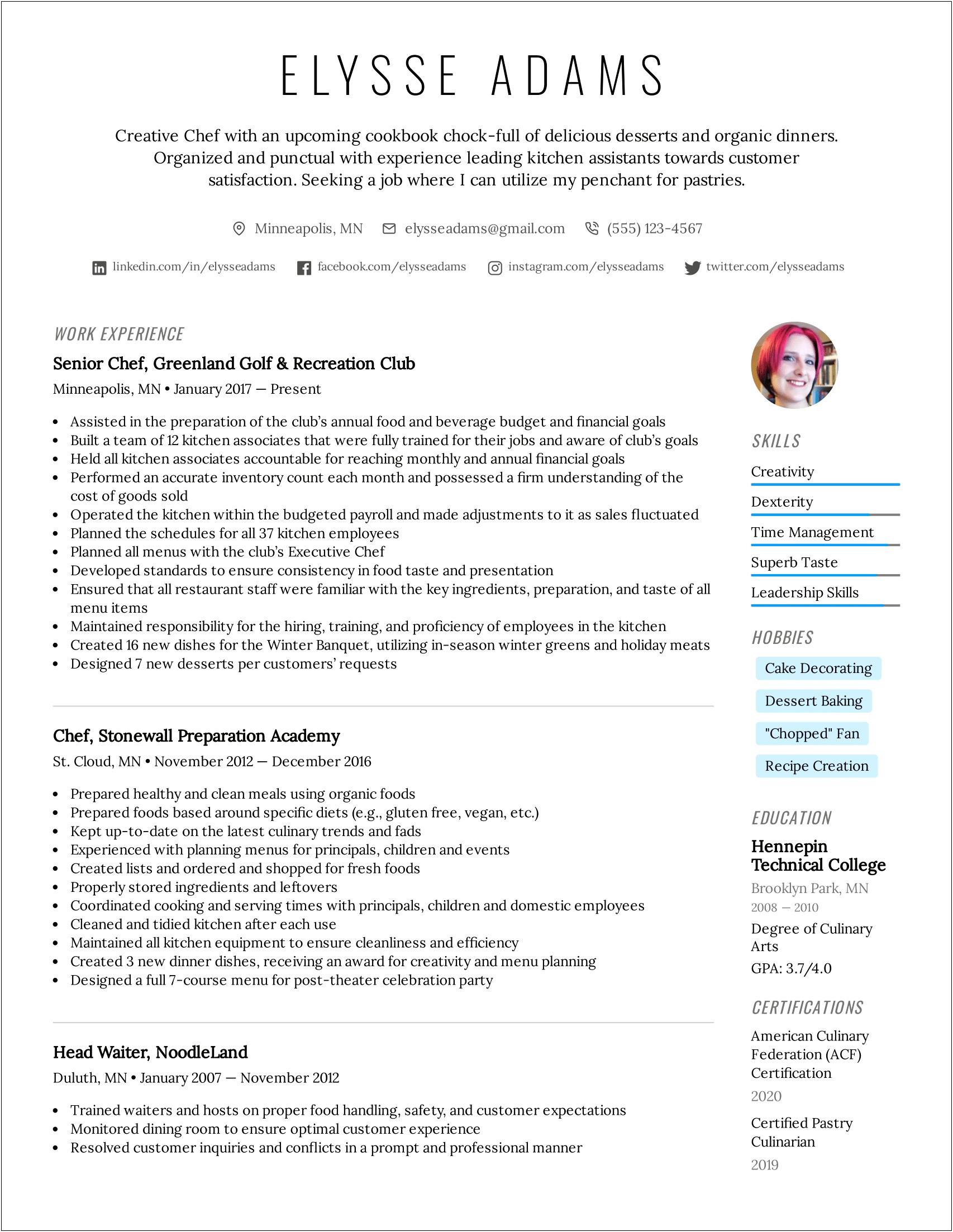 Examples Of Entry Level Chef Resumes
