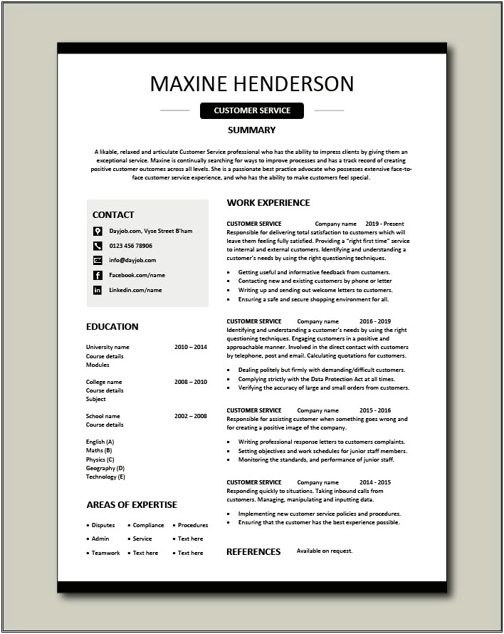 Examples Of Entry Level Customer Service Resumes