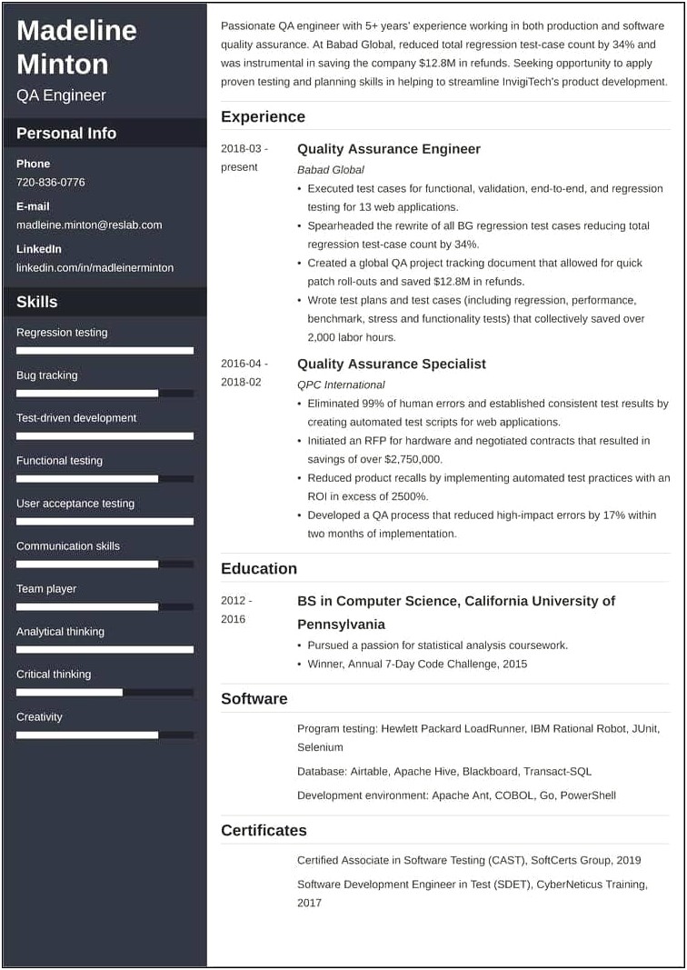 Examples Of Excellent Resumes 2018 For Quality Techinician