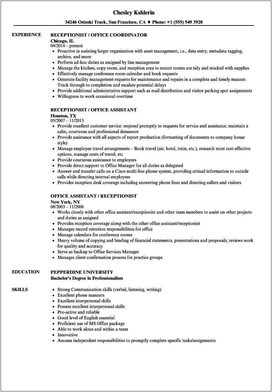 Examples Of Front Desk Receptionist Resume