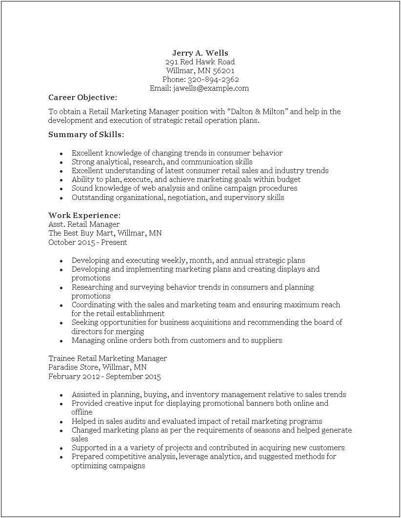 Examples Of Good Resumes For Retail Managers