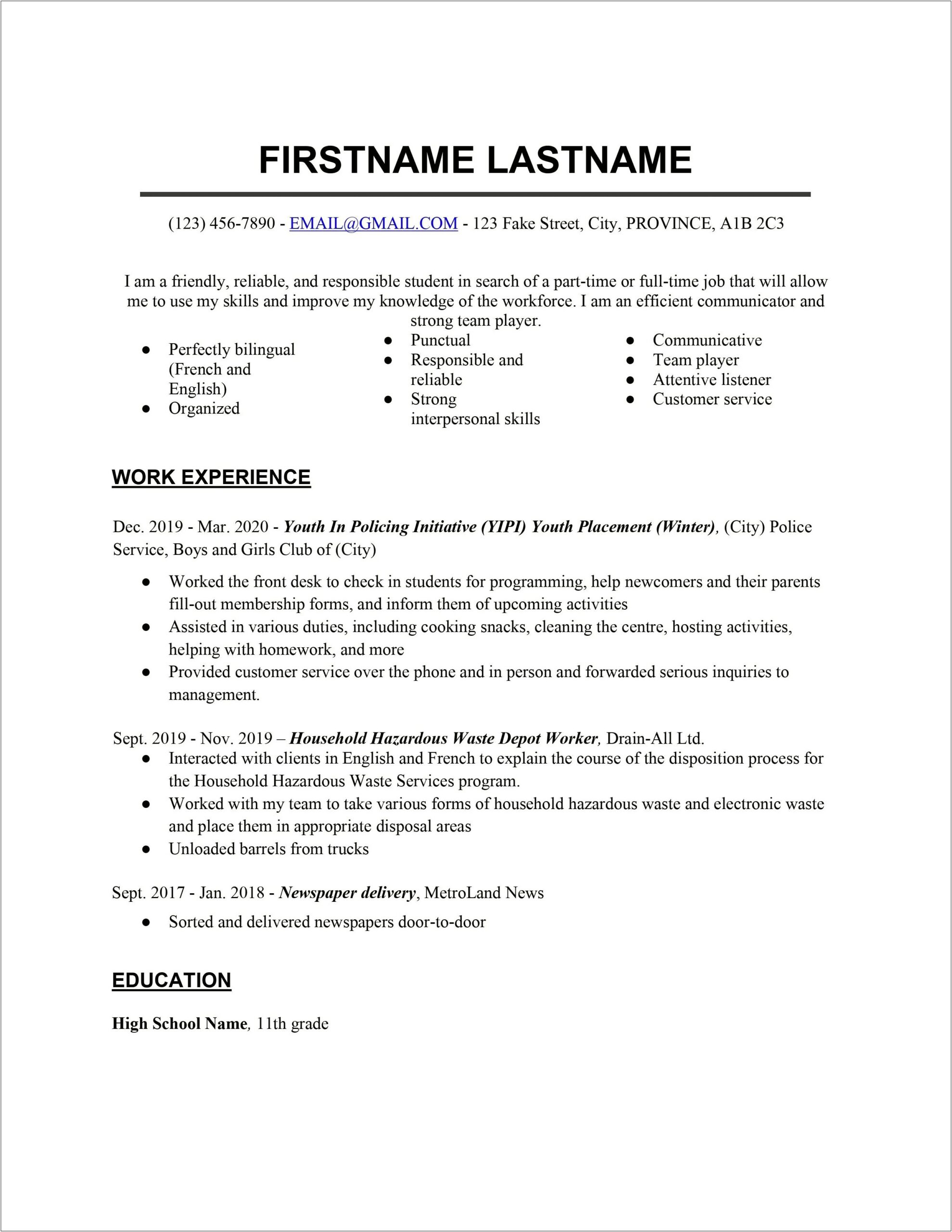 Examples Of Good Resumes For Teens