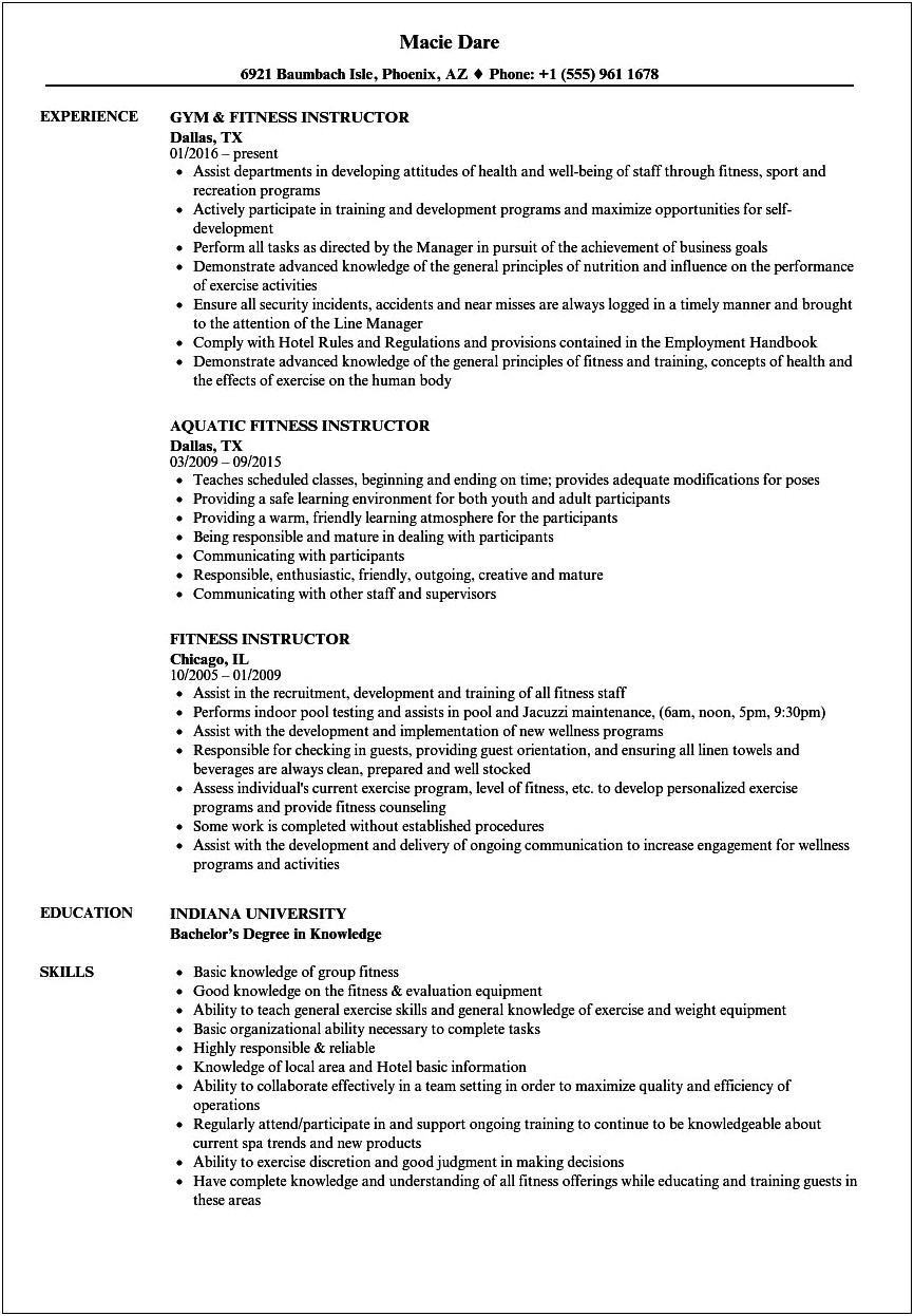 Examples Of Group Fitness Instructor Resumes
