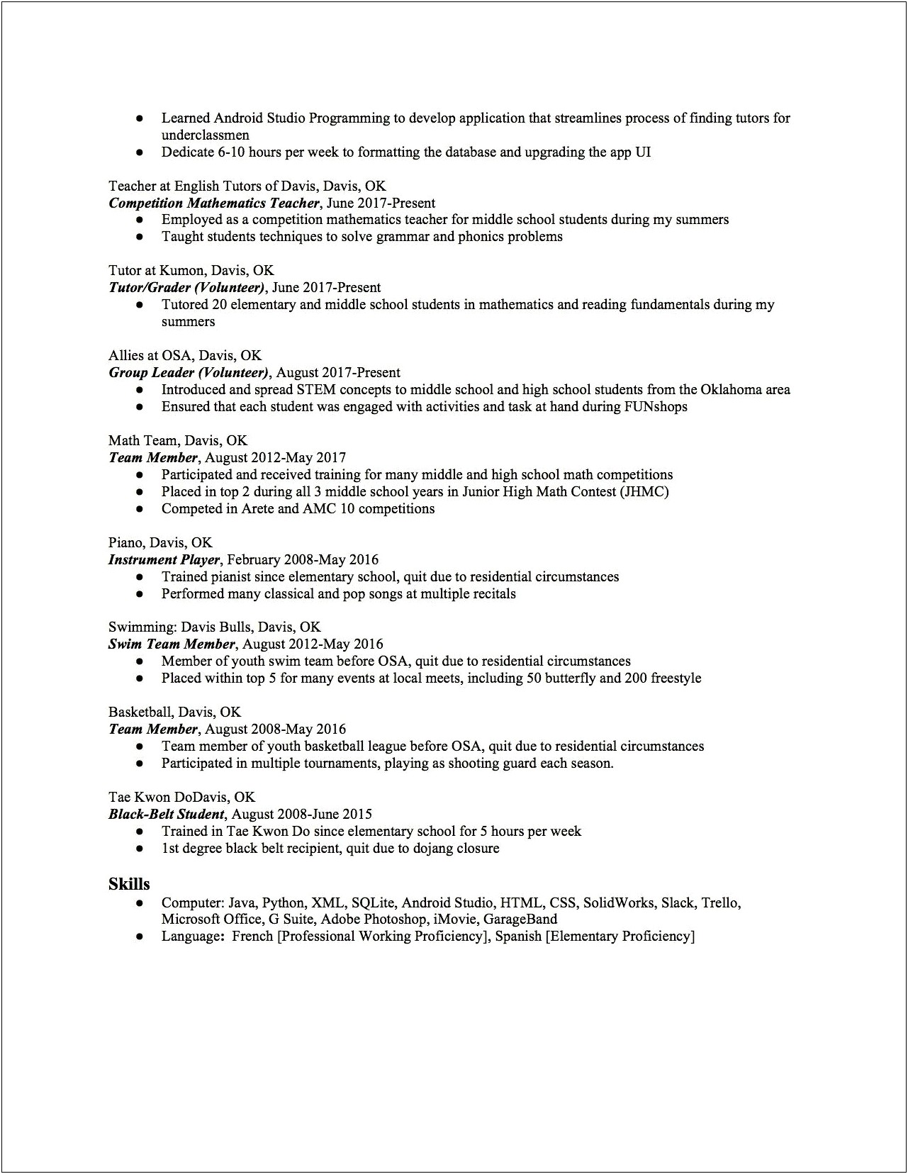 Examples Of High School Resumes For College Application