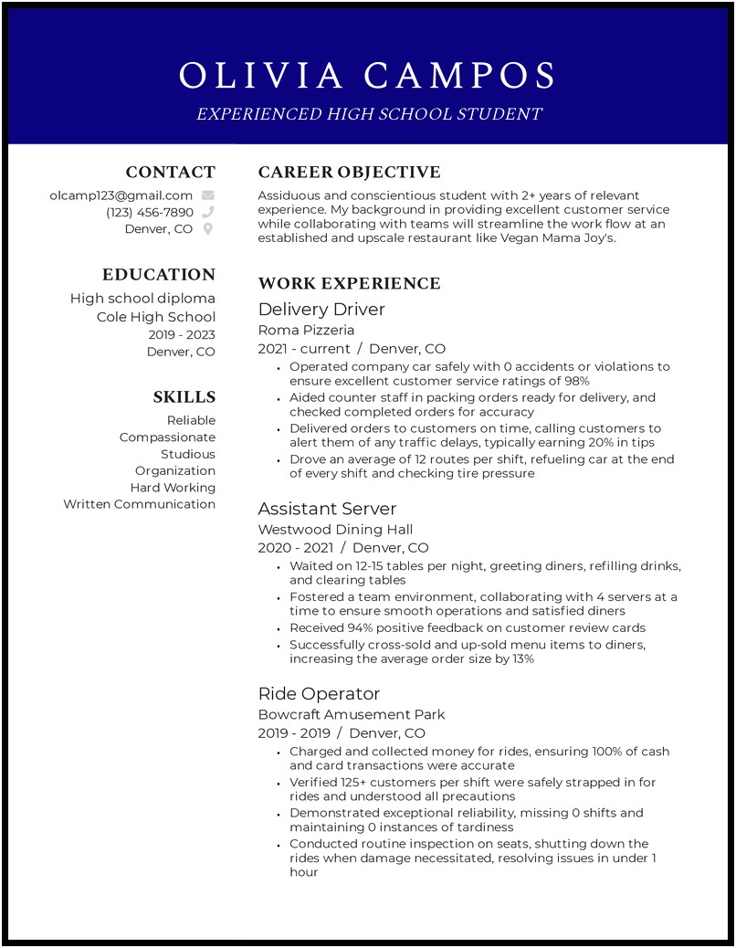 Examples Of High School Resumes With No Experience