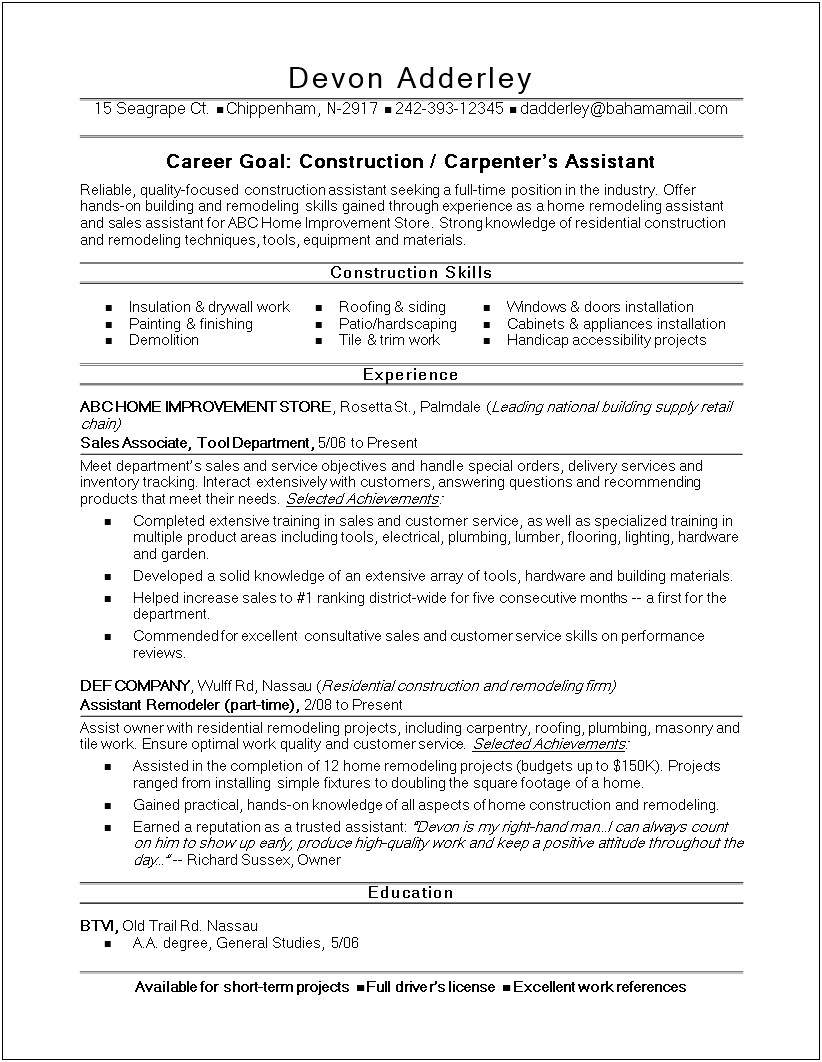 Examples Of Key Qualifications On A Construction Resume