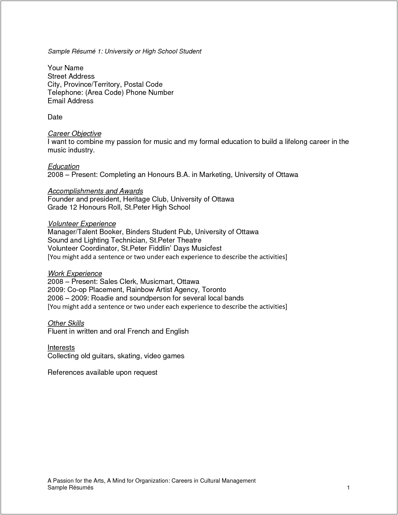 Examples Of Music Resume For High School
