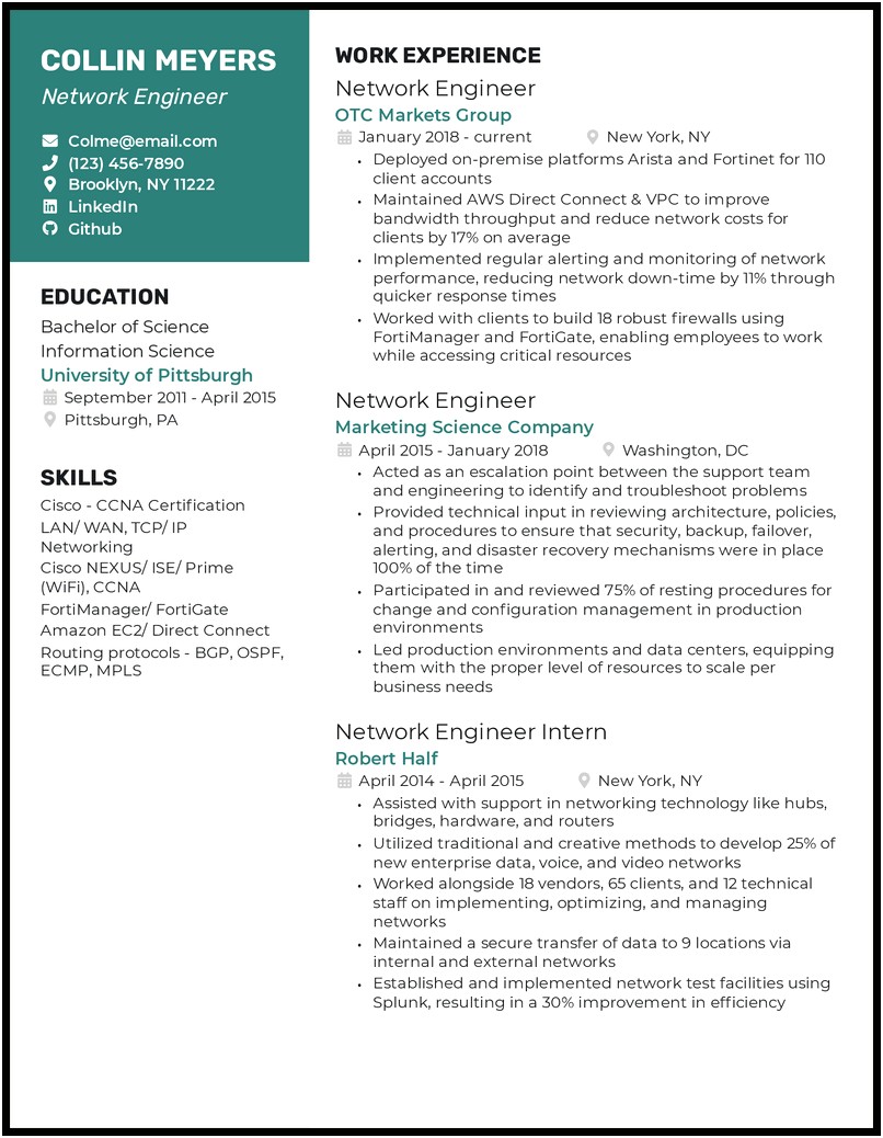 Examples Of Network Engineer Titles On Resumes