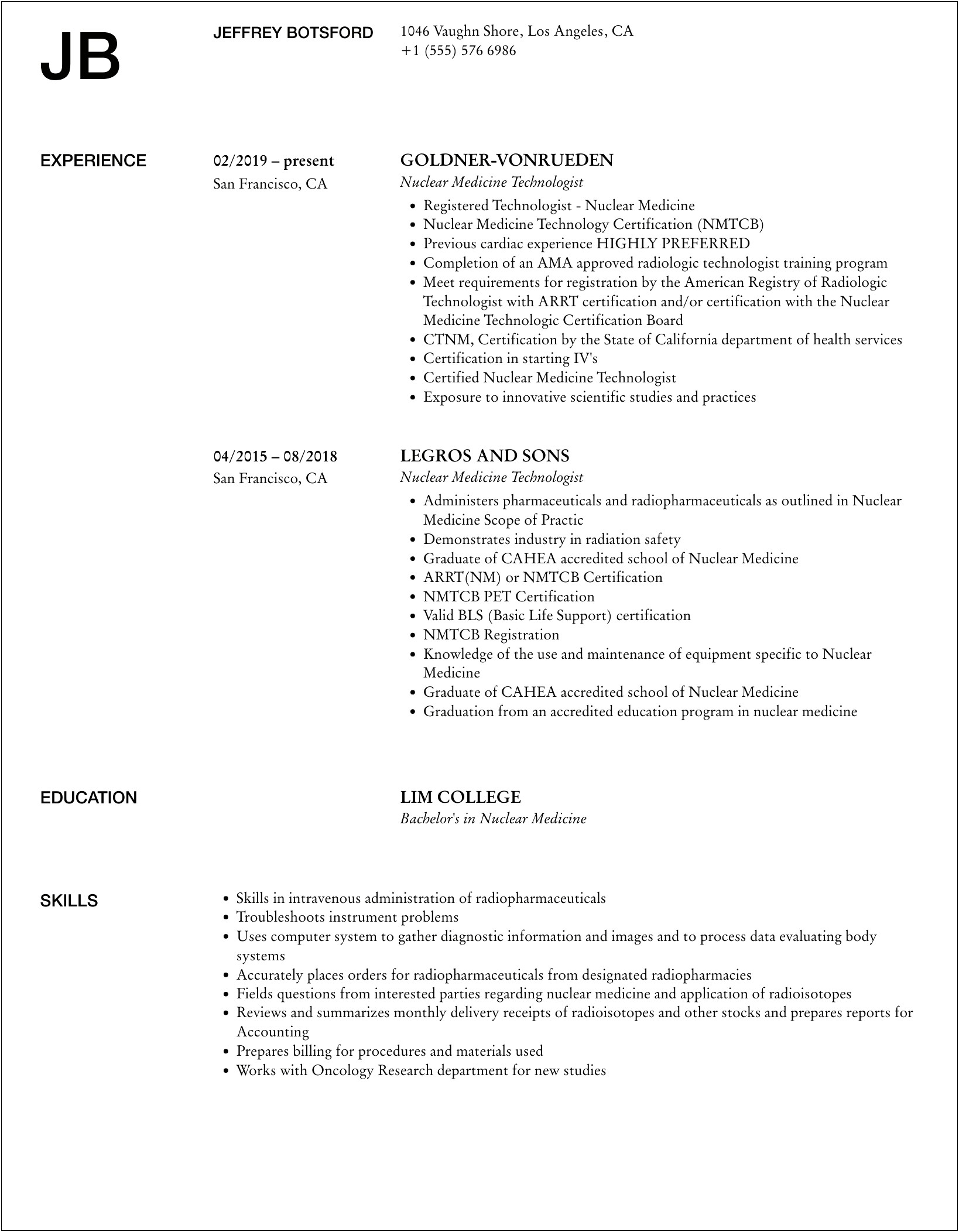 Examples Of Nuclear Medicine Technologist Resumes