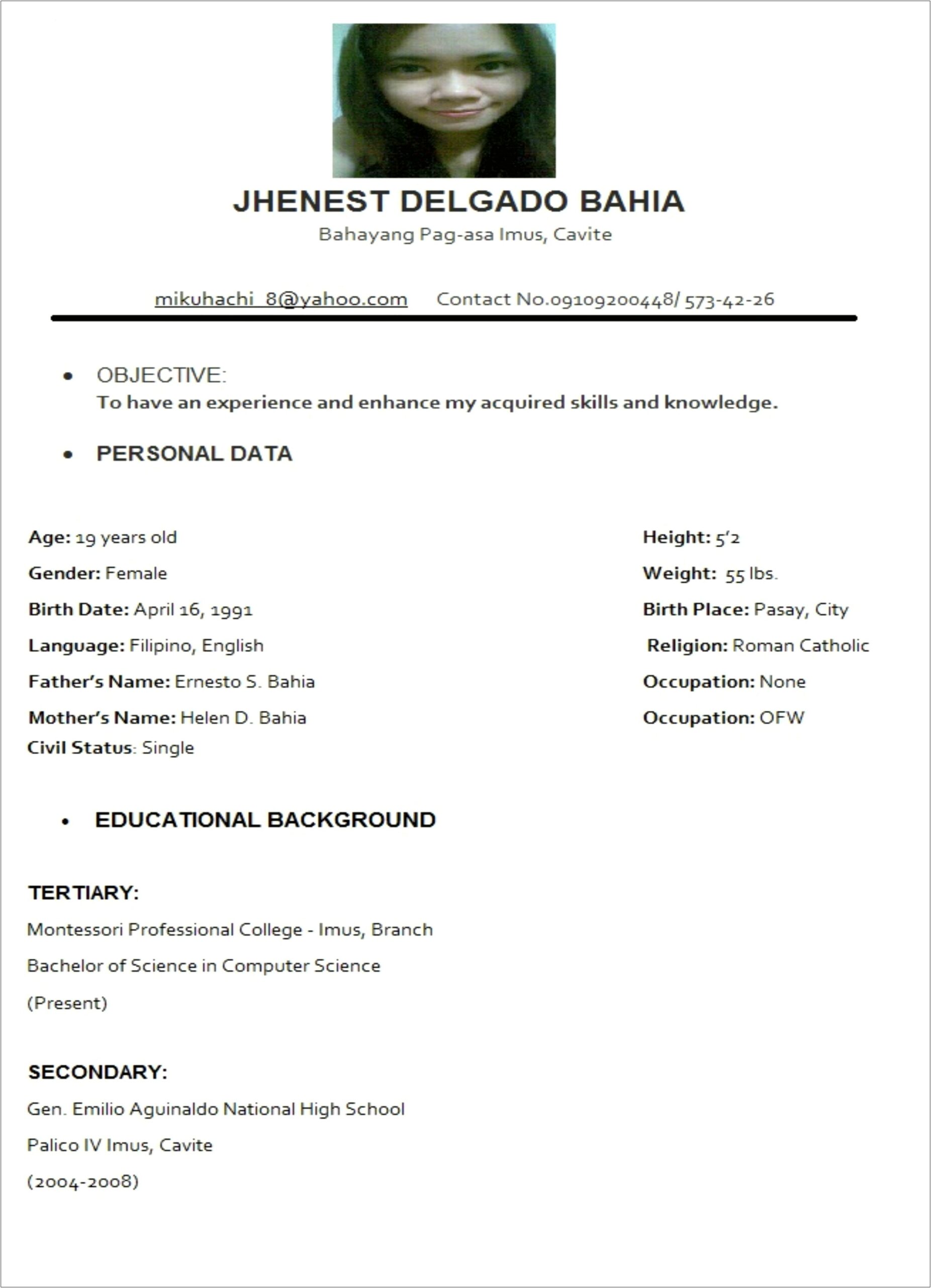 Examples Of Objective In Resume For Ojt