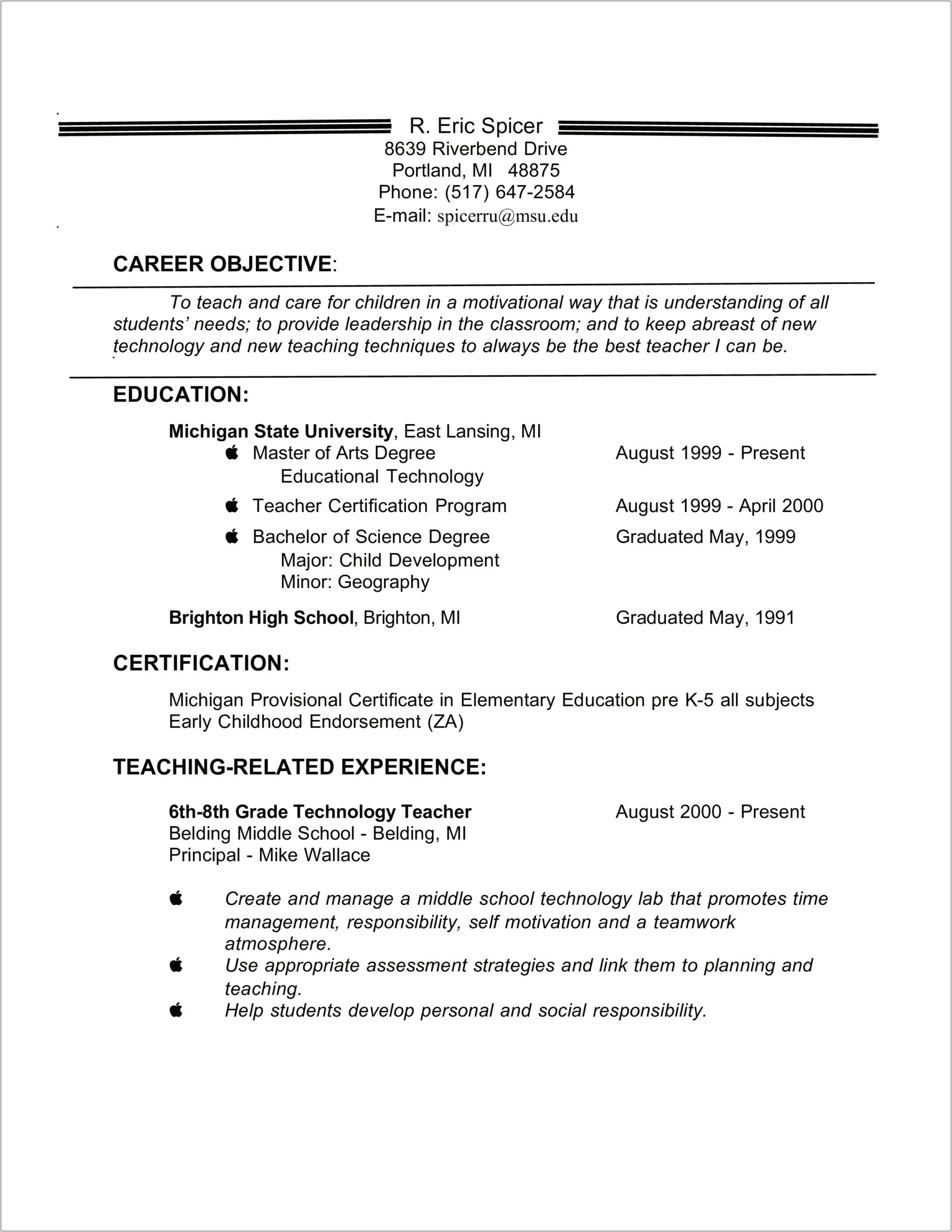 Examples Of Objectives For A Teaching Resume