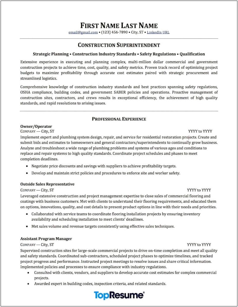 Examples Of Objectives For Construction Resumes
