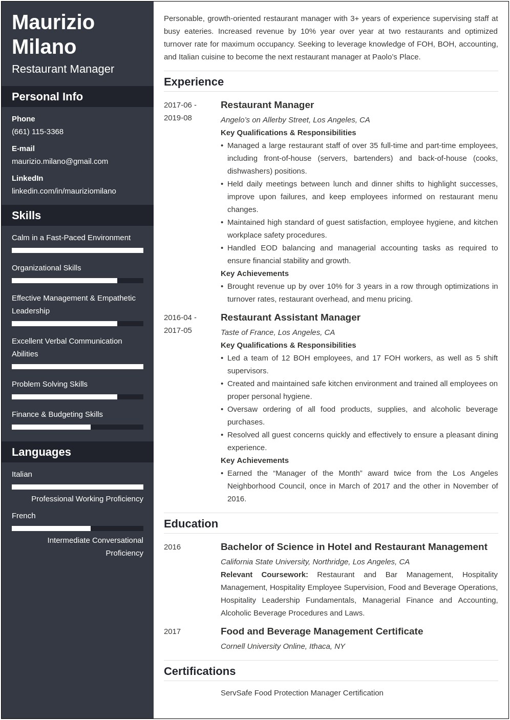 Examples Of Operation Manager Restuarant Resume