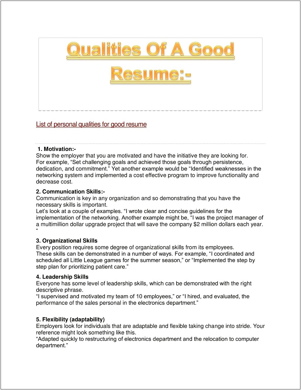 Examples Of Personal Qualities For Resume