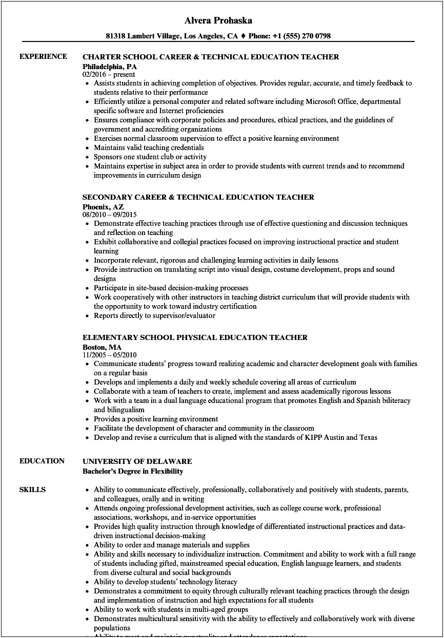 Examples Of Physical Education Teacher Resumes