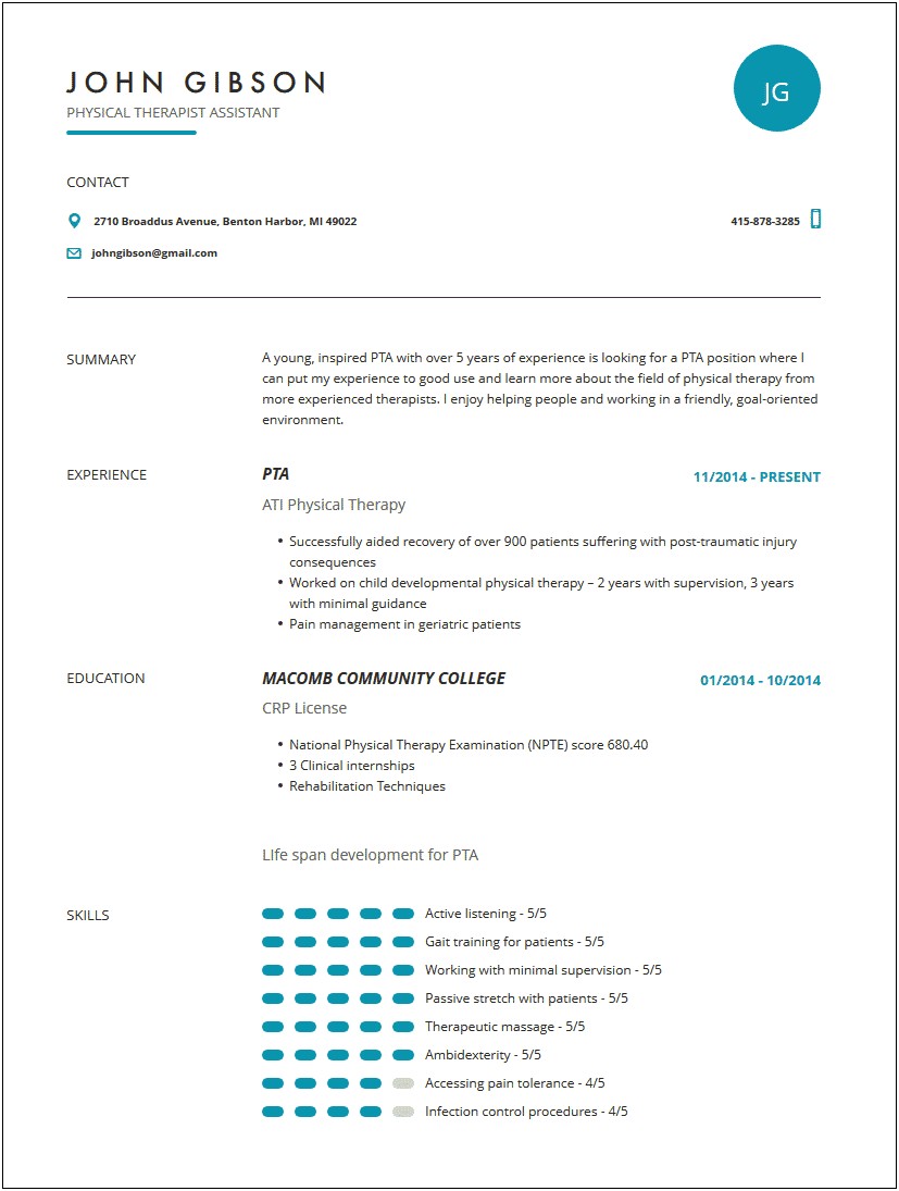Examples Of Physical Therapy Assistant Resume