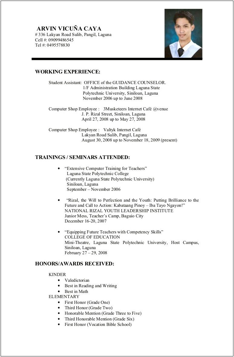 Examples Of Professional Resume For College Students